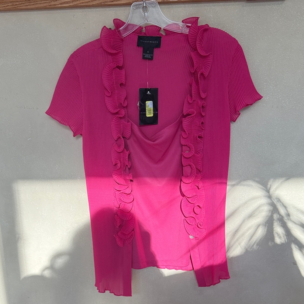 Investments Bright Fuchsia Ruffle-Trim Short Sleeve Blouse